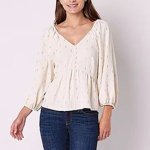 a.n.a Creme with Gold Foil Peplum Waist Balloon Sleeve Blouse